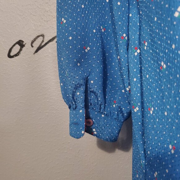 Vintage 80s Schrader Sport Blue Patterned Day Dress, Shirt Dress, 12 - Picture 5 of 8